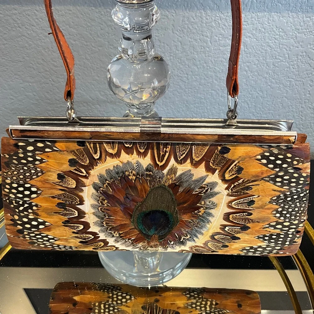 VTG Outdoor Forest Fairytale Wedding Feather Frame Bag Woodsy Bride Brown Blue - Picture 7 of 16